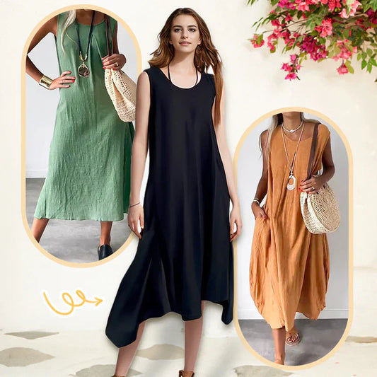 👗👗Ležérní šaty bez rukávů z bavlny a lnu s kapsičkou