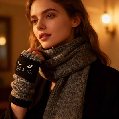 🐱 Roztomilé dámské pletené rukavice s kočičkami — pro teplé ruce a volné prsty🧶
