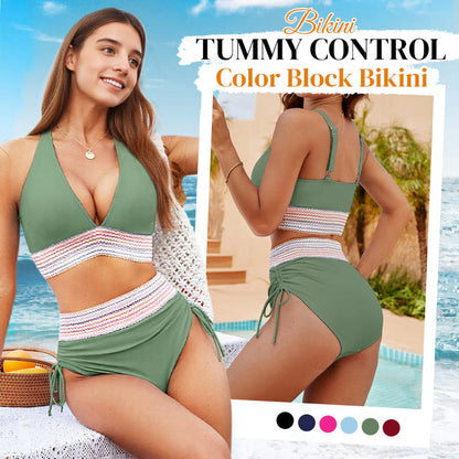 ⛱️ S-4XL 🌺 Barevné blokové bikiny s vysokým pasem a korzetem 🌈👙