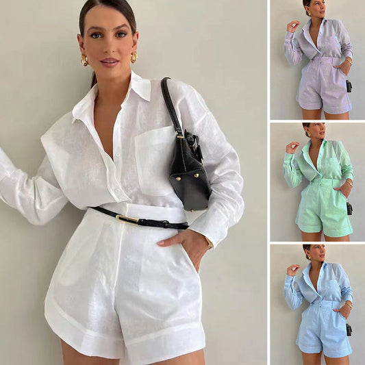 【M-2XL】👚Dámská elegantní dvoudílná souprava trička s dlouhým rukávem a šortek