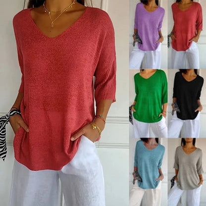 【M-4XL】💖 Jednobarevný pletený top s výstřihem do V