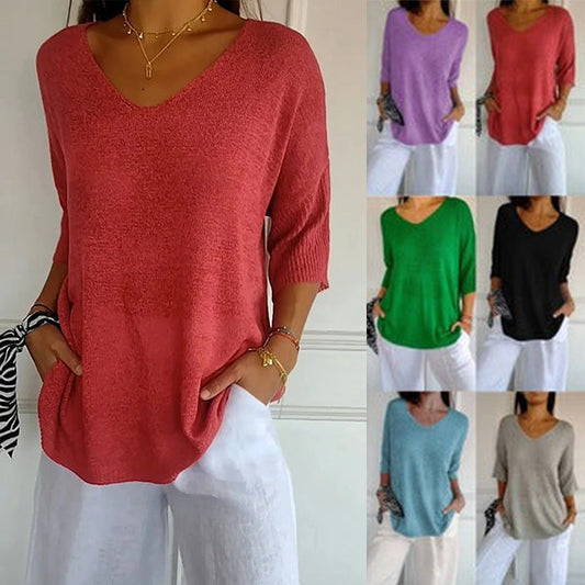 【M-4XL】💖 Jednobarevný pletený top s výstřihem do V