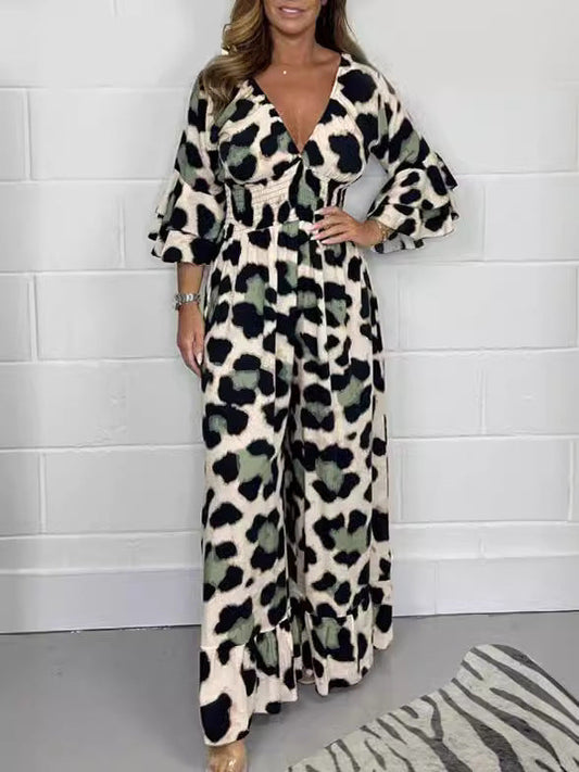 ✨✨✨✨【M-4XL】🔥Kombinéza s leopardím vzorem a výstřihem do V😍💖🌷