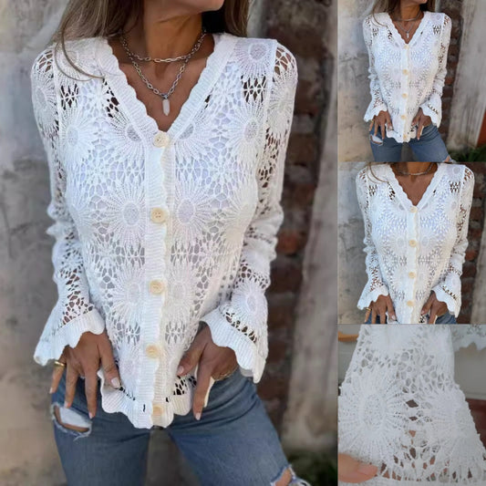 【S-2XL】🌸Dámský krajkový top s dlouhým rukávem do V