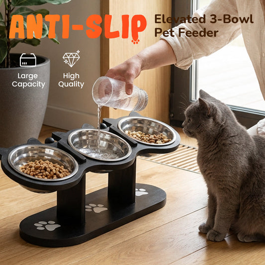 🐾Zvýšený podnos na krmení pro kočky a psy se třemi miskami – protiskluzový a stabilní🥣🍽️✨