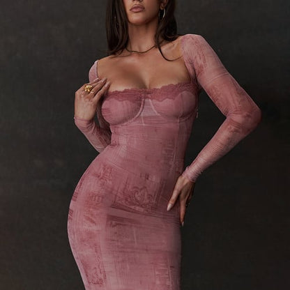 ✨Sexy airy dress✨-Pink Fitted Long-sleeve Dress