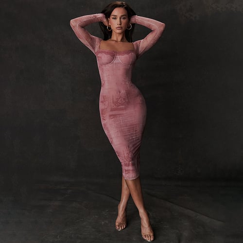 ✨Sexy airy dress✨-Pink Fitted Long-sleeve Dress